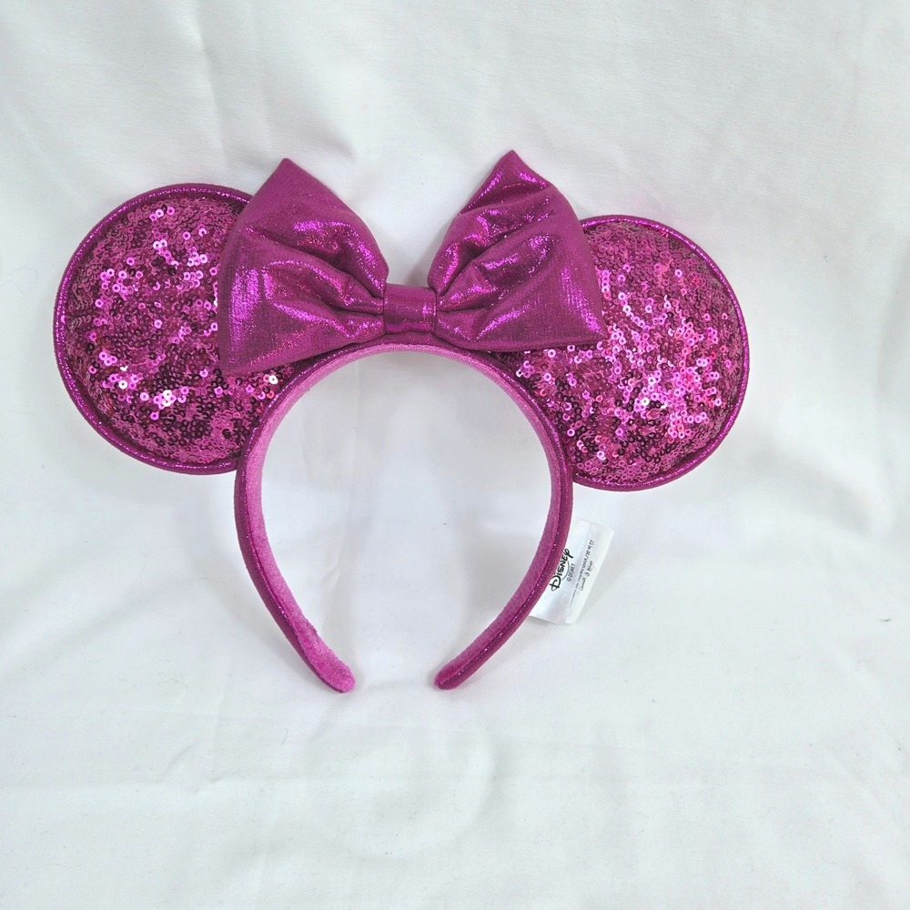 Disney Parks Pink Sequin Minnie Mouse Shimmer Fabric Bow Headband‎ Whimsical
